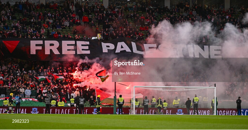 10 November 2024; A Free Palestine banner during the Sports Direct Men's FAI Cup Final match between Drogheda United and Derry City at the Aviva Stadium in Dublin. Photo by Ben McShane/Sportsfile