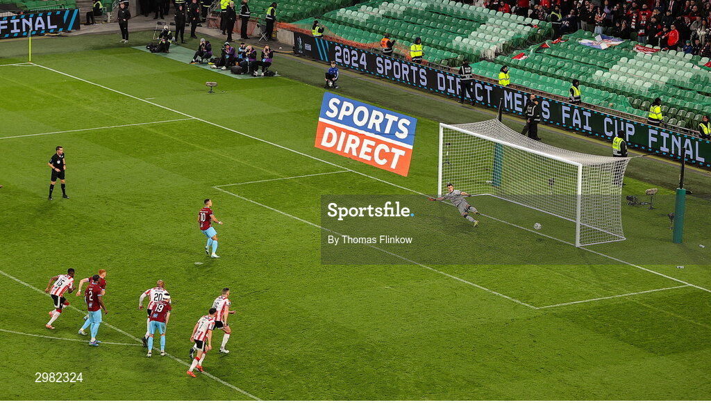 10 November 2024; Douglas James-Taylor of Drogheda United scores his side's second goal from a penalty during the Sports Direct Men's FAI Cup Final match between Drogheda United and Derry City at the Aviva Stadium in Dublin. Photo by Thomas Flinkow/Sportsfile