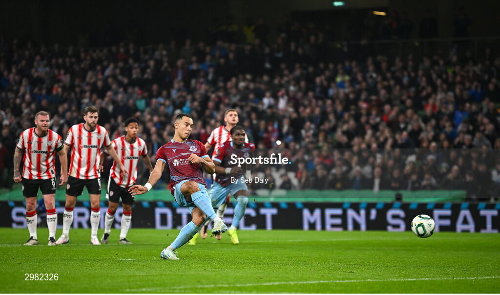 10 November 2024; Douglas James-Taylor of Drogheda United scores his side's second goal from a penalty during the Sports Direct Men's FAI Cup Final match between Drogheda United and Derry City at the Aviva Stadium in Dublin. Photo by Seb Daly/Sportsfile