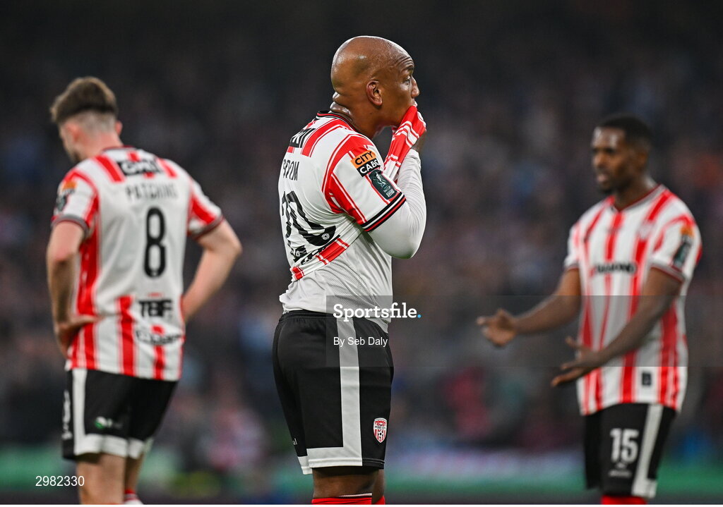 10 November 2024; Andre Wisdom of Derry City reacts after a penalty was awarded against his side during the Sports Direct Men's FAI Cup Final match between Drogheda United and Derry City at the Aviva Stadium in Dublin. Photo by Seb Daly/Sportsfile