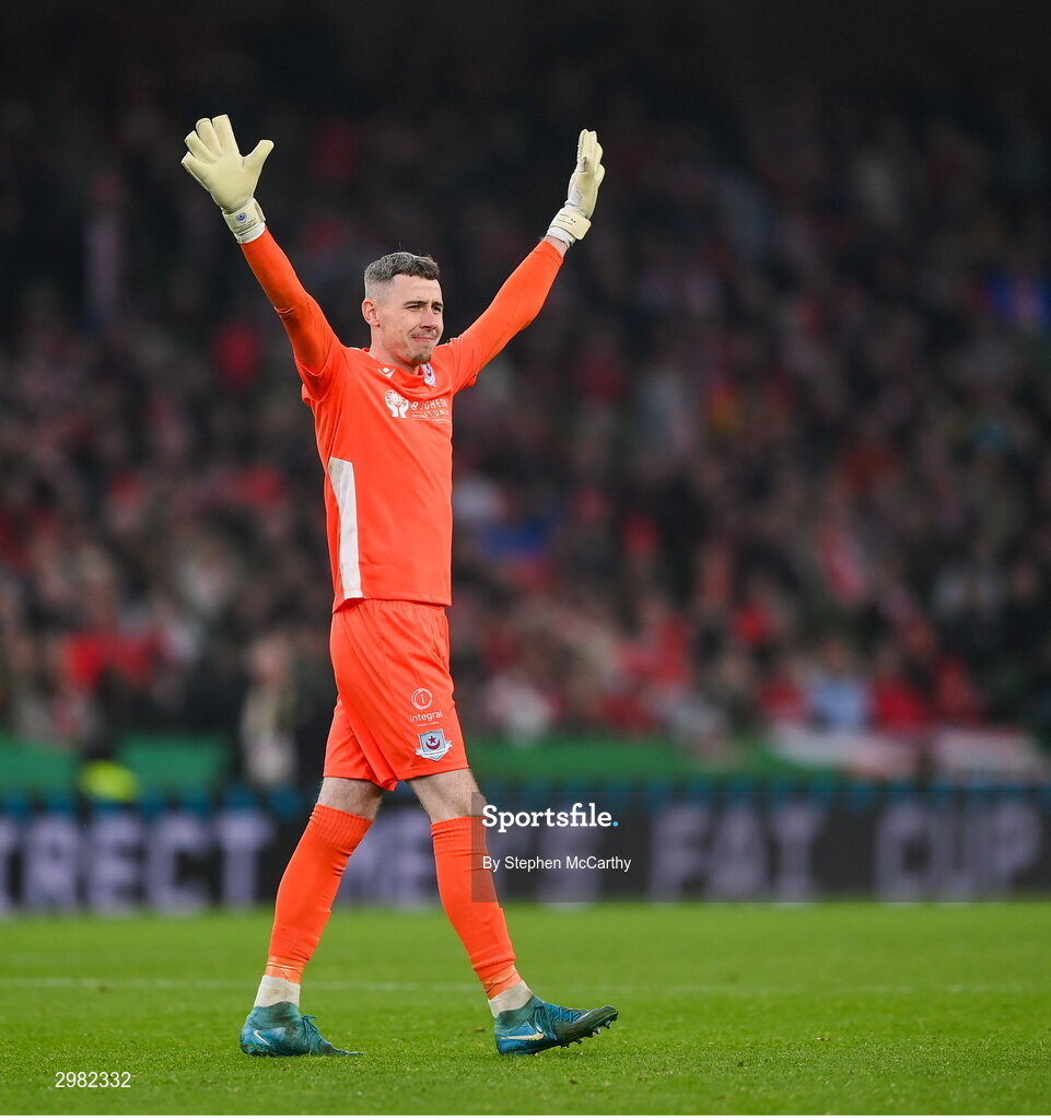 10 November 2024; Drogheda United goalkeeper Luke Dennison celebrates after his side scored their second goal, from a penalty, during the Sports Direct Men's FAI Cup Final match between Drogheda United and Derry City at the Aviva Stadium in Dublin. Photo by Stephen McCarthy/Sportsfile