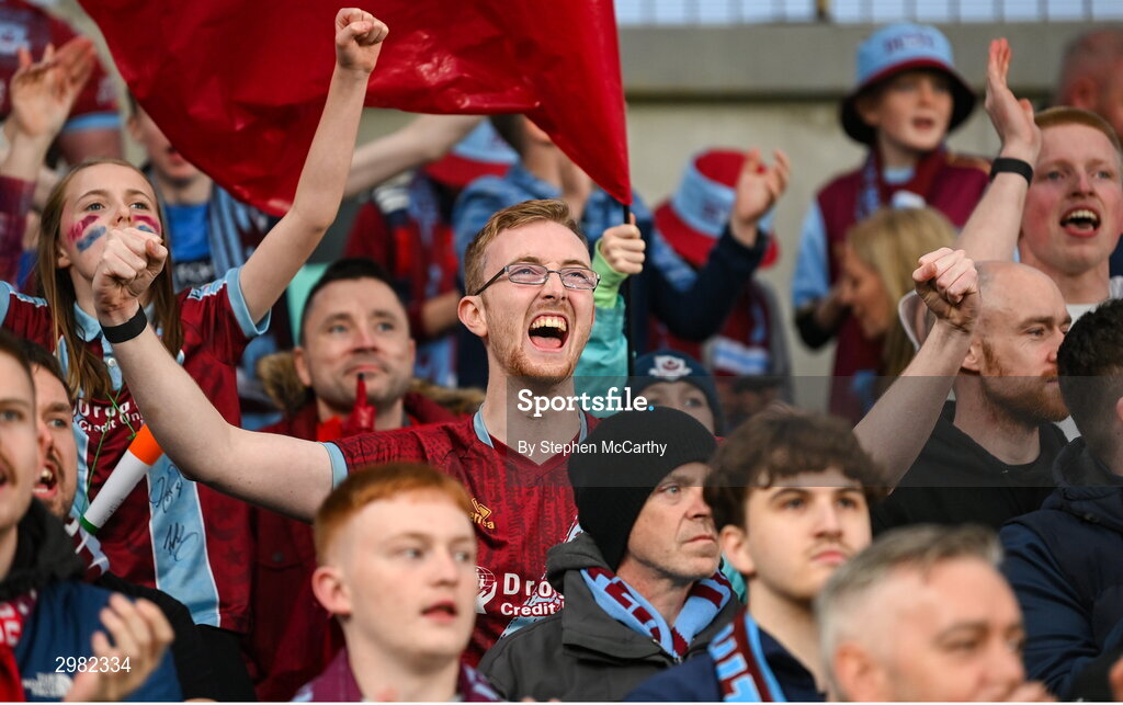 10 November 2024; Drogheda United supporter celebrate their second goal during the Sports Direct Men's FAI Cup Final match between Drogheda United and Derry City at the Aviva Stadium in Dublin. Photo by Stephen McCarthy/Sportsfile