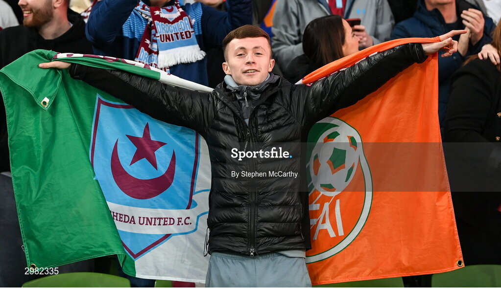 10 November 2024; Drogheda United supporter celebrate their second goal during the Sports Direct Men's FAI Cup Final match between Drogheda United and Derry City at the Aviva Stadium in Dublin. Photo by Stephen McCarthy/Sportsfile