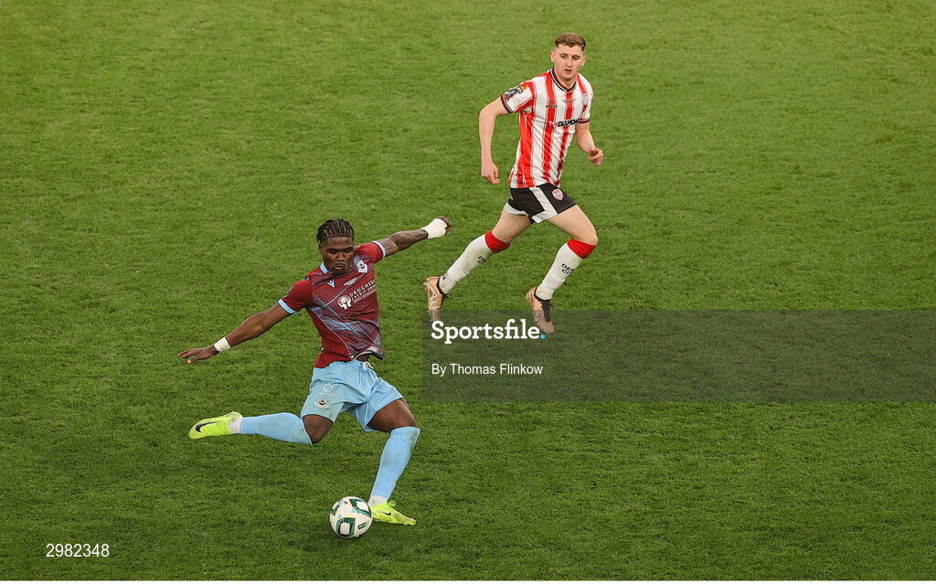 10 November 2024; Frantz Pierrot of Drogheda United attempts a shot on goal during the Sports Direct Men's FAI Cup Final match between Drogheda United and Derry City at the Aviva Stadium in Dublin. Photo by Thomas Flinkow/Sportsfile