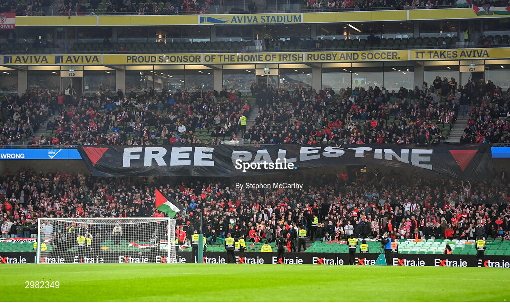 10 November 2024; A Free Palestine banner during the Sports Direct Men's FAI Cup Final match between Drogheda United and Derry City at the Aviva Stadium in Dublin. Photo by Stephen McCarthy/Sportsfile