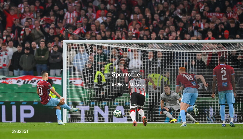 10 November 2024; Douglas James-Taylor of Drogheda United scores his side's second goal, from a penalty, during the Sports Direct Men's FAI Cup Final match between Drogheda United and Derry City at the Aviva Stadium in Dublin. Photo by Stephen McCarthy/Sportsfile