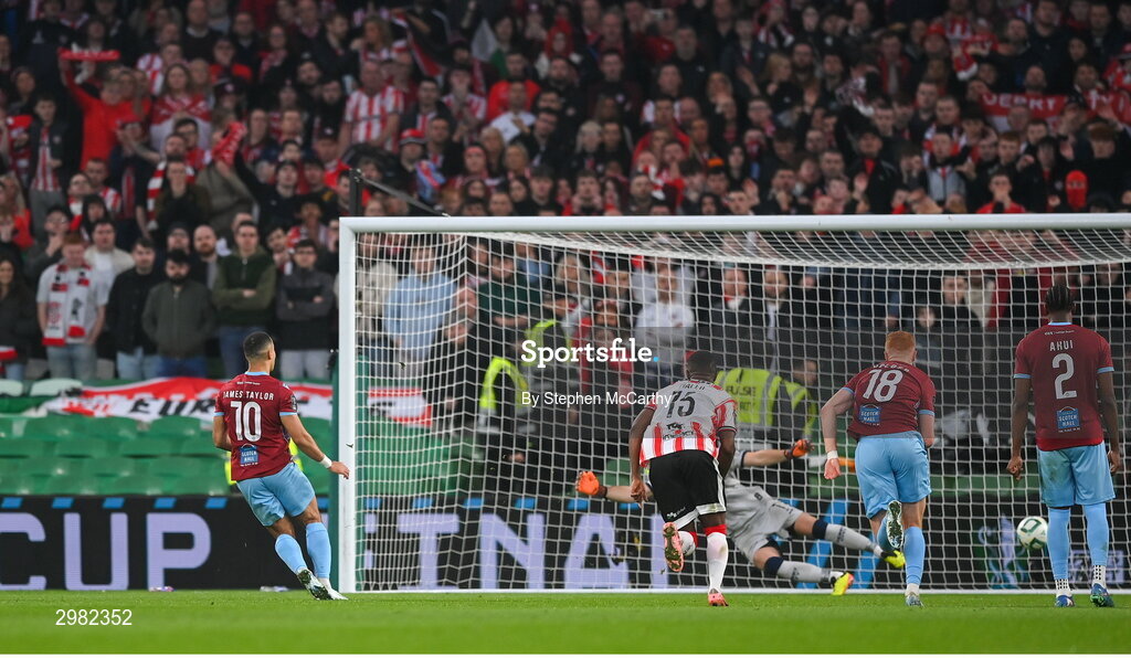 10 November 2024; Douglas James-Taylor of Drogheda United scores his side's second goal, from a penalty, during the Sports Direct Men's FAI Cup Final match between Drogheda United and Derry City at the Aviva Stadium in Dublin. Photo by Stephen McCarthy/Sportsfile