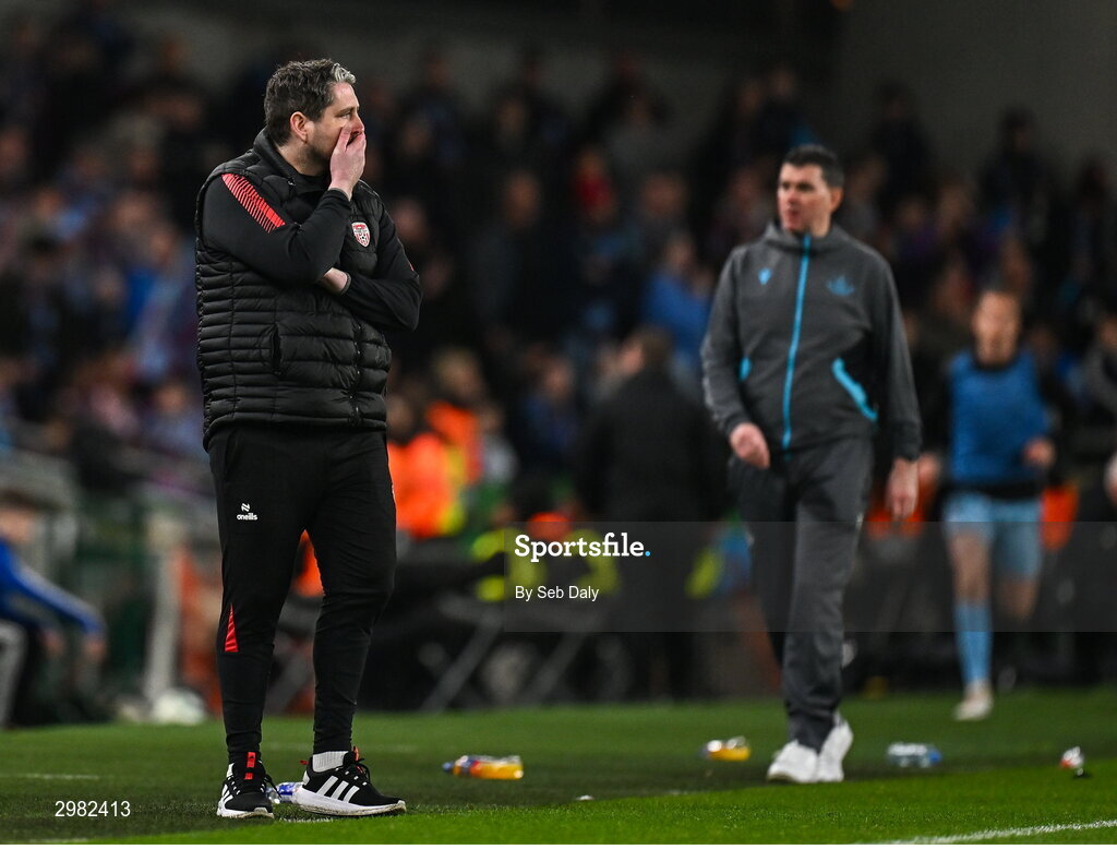 10 November 2024; Derry City manager Ruaidhrí Higgins during the Sports Direct Men's FAI Cup Final match between Drogheda United and Derry City at the Aviva Stadium in Dublin. Photo by Seb Daly/Sportsfile