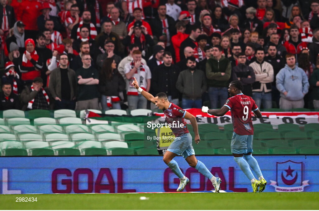10 November 2024; Douglas James-Taylor of Drogheda United celebrates after scoring his side's second goal, from a penalty, during the Sports Direct Men's FAI Cup Final match between Drogheda United and Derry City at the Aviva Stadium in Dublin. Photo by Ben McShane/Sportsfile
