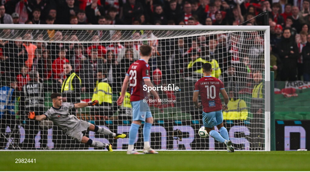 10 November 2024; Douglas James-Taylor of Drogheda United scores his side's second goal, from a penalty, during the Sports Direct Men's FAI Cup Final match between Drogheda United and Derry City at the Aviva Stadium in Dublin. Photo by Ben McShane/Sportsfile