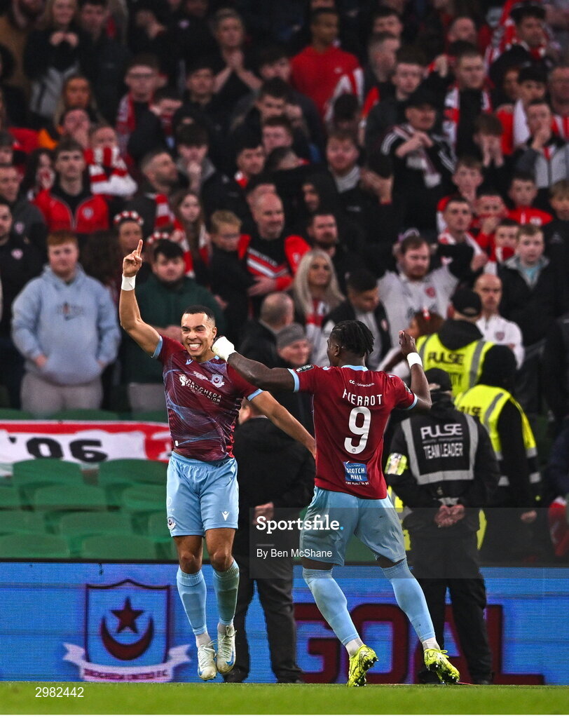 10 November 2024; Douglas James-Taylor of Drogheda United, left, celebrates after scoring his side's second goal, from a penalty, during the Sports Direct Men's FAI Cup Final match between Drogheda United and Derry City at the Aviva Stadium in Dublin. Photo by Ben McShane/Sportsfile