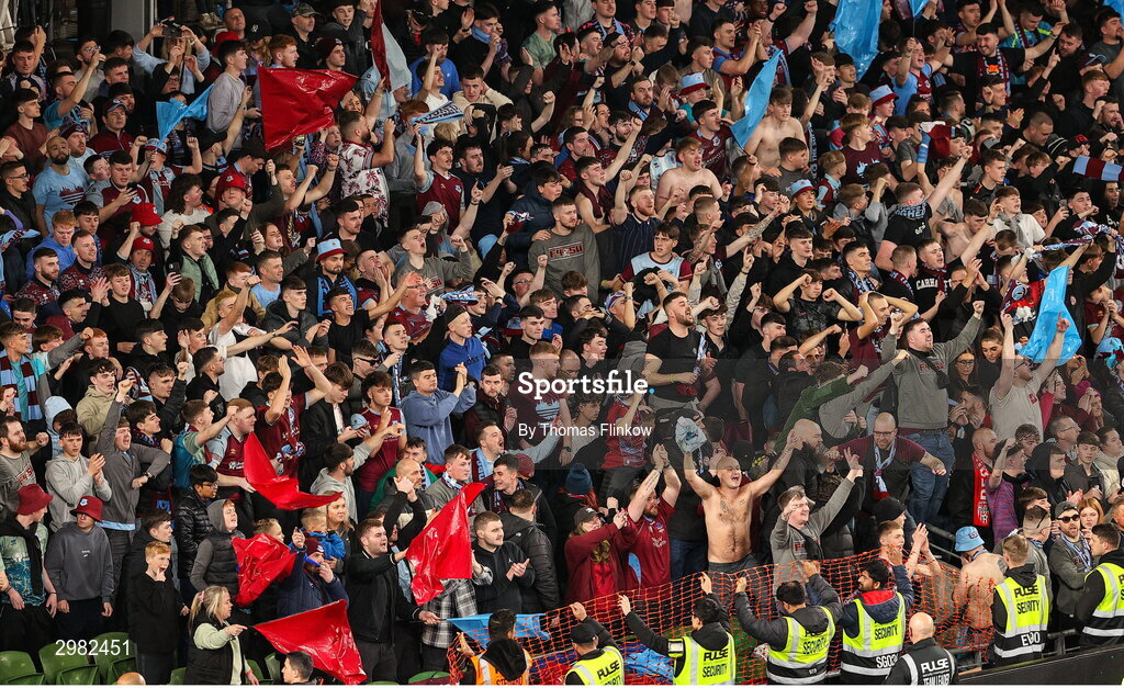 10 November 2024; Drogheda United supporters celebrate during the Sports Direct Men's FAI Cup Final match between Drogheda United and Derry City at the Aviva Stadium in Dublin. Photo by Thomas Flinkow/Sportsfile