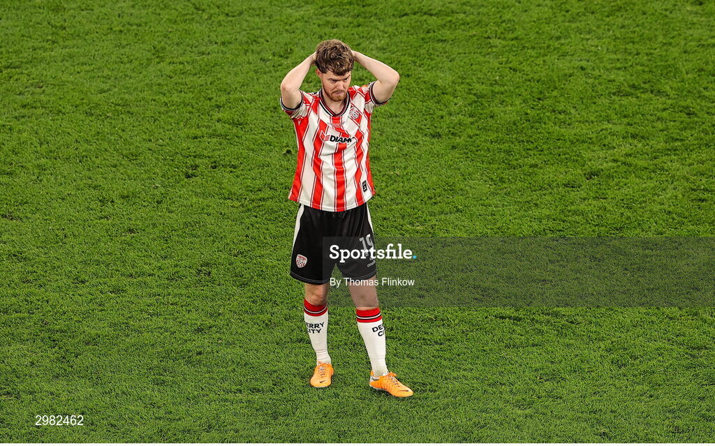 10 November 2024; A dejected Jacob Davenport of Derry City at the final whistle of the Sports Direct Men's FAI Cup Final match between Drogheda United and Derry City at the Aviva Stadium in Dublin. Photo by Thomas Flinkow/Sportsfile