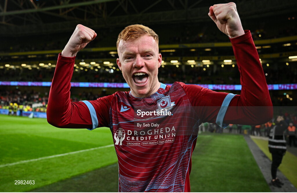 10 November 2024; Shane Farrell of Drogheda United celebrates after his side's victory in the Sports Direct Men's FAI Cup Final match between Drogheda United and Derry City at the Aviva Stadium in Dublin. Photo by Seb Daly/Sportsfile