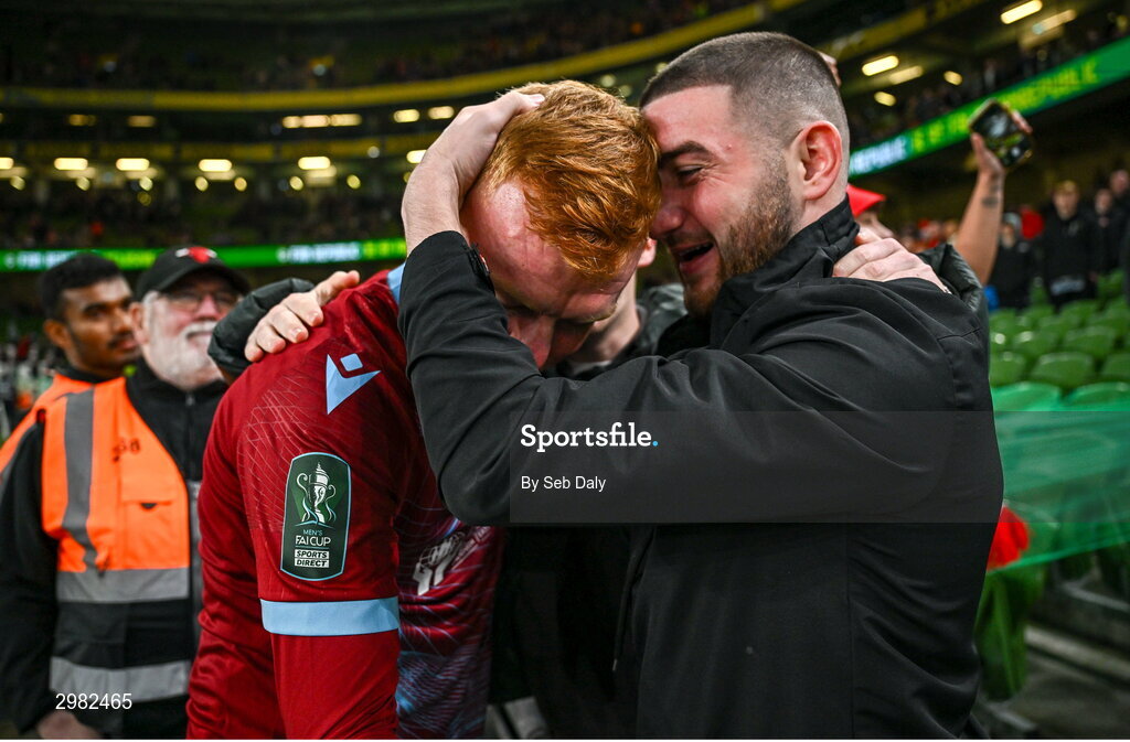 10 November 2024; Shane Farrell of Drogheda United celebrates with supporters after his side's victory in the Sports Direct Men's FAI Cup Final match between Drogheda United and Derry City at the Aviva Stadium in Dublin. Photo by Seb Daly/Sportsfile