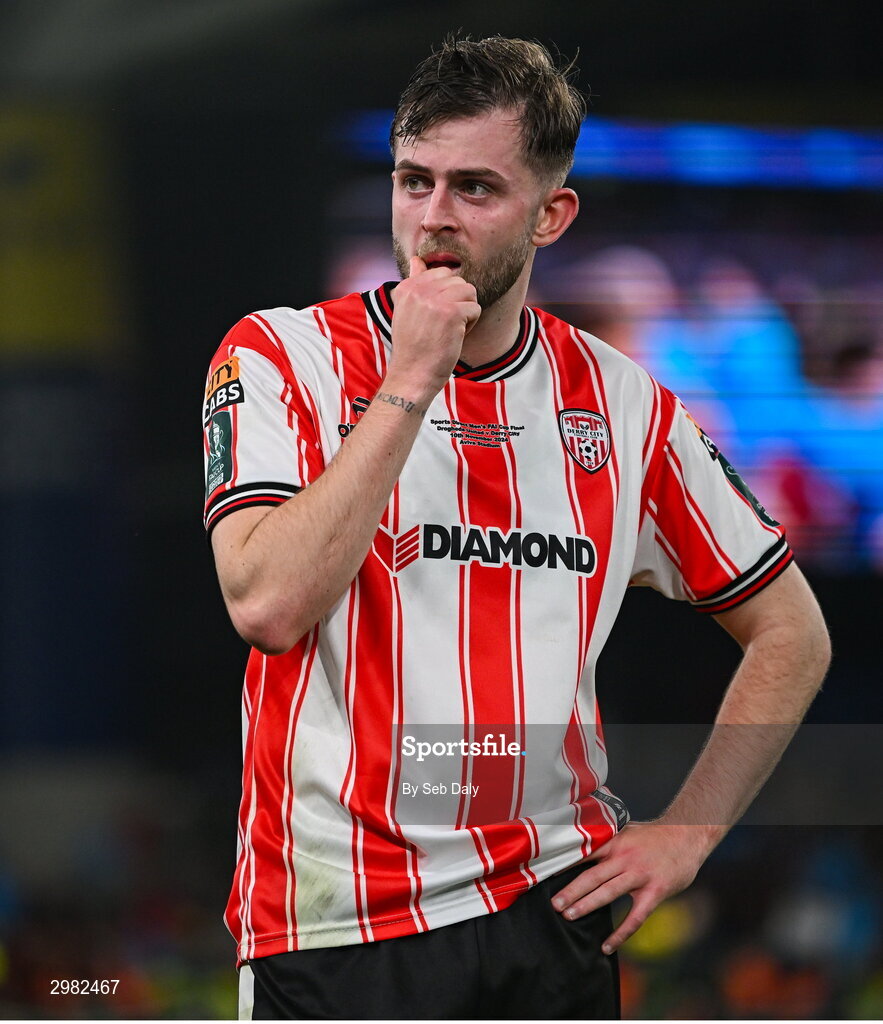 10 November 2024; A dejected Will Patching of Derry City after the Sports Direct Men's FAI Cup Final match between Drogheda United and Derry City at the Aviva Stadium in Dublin. Photo by Seb Daly/Sportsfile