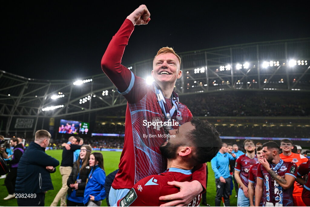 10 November 2024; Shane Farrell of Drogheda United, left, and teammate Dave Webster celebrate after the Sports Direct Men's FAI Cup Final match between Drogheda United and Derry City at the Aviva Stadium in Dublin. Photo by Ben McShane/Sportsfile