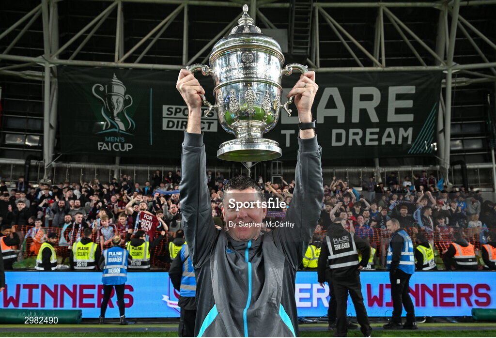 10 November 2024; Drogheda United manager Kevin Doherty celebrates with the FAI cup after the Sports Direct Men's FAI Cup Final match between Drogheda United and Derry City at the Aviva Stadium in Dublin. Photo by Stephen McCarthy/Sportsfile