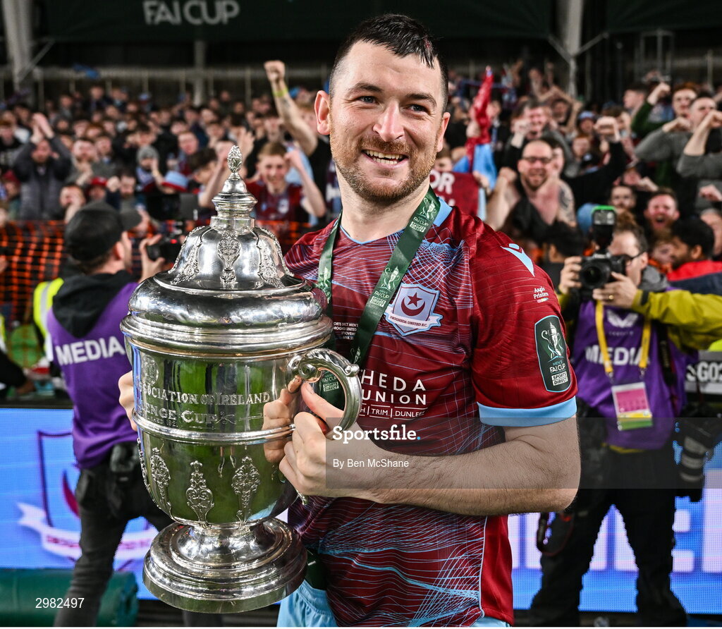 10 November 2024; Ryan Brennan of Drogheda United celebrates with the cup after the Sports Direct Men's FAI Cup Final match between Drogheda United and Derry City at the Aviva Stadium in Dublin. Photo by Ben McShane/Sportsfile