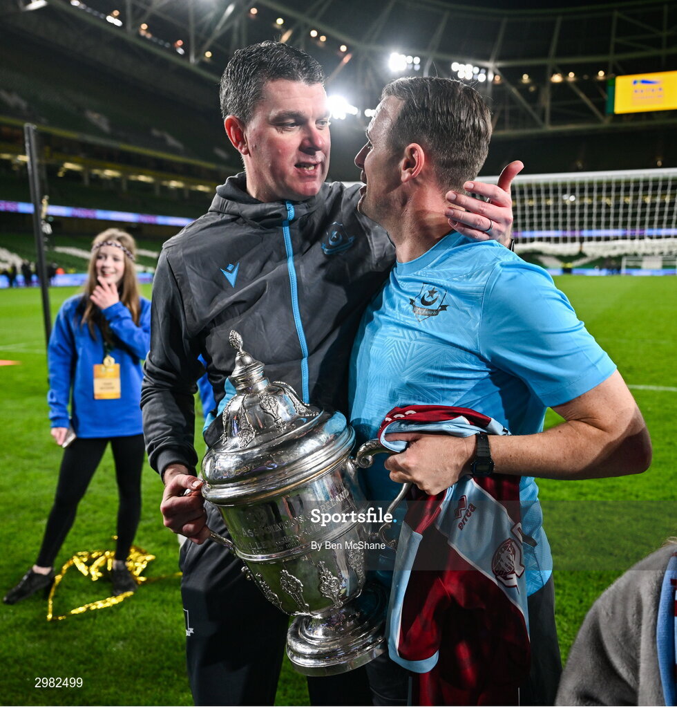 10 November 2024; Drogheda United manager Kevin Doherty, left, and assistant manager Daire Doyle celebrates with the cup after the Sports Direct Men's FAI Cup Final match between Drogheda United and Derry City at the Aviva Stadium in Dublin. Photo by Ben McShane/Sportsfile
