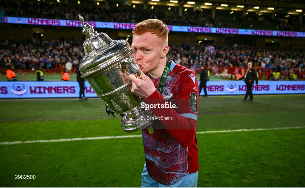10 November 2024; Shane Farrell of Drogheda United celebrates with the cup after the Sports Direct Men's FAI Cup Final match between Drogheda United and Derry City at the Aviva Stadium in Dublin. Photo by Ben McShane/Sportsfile