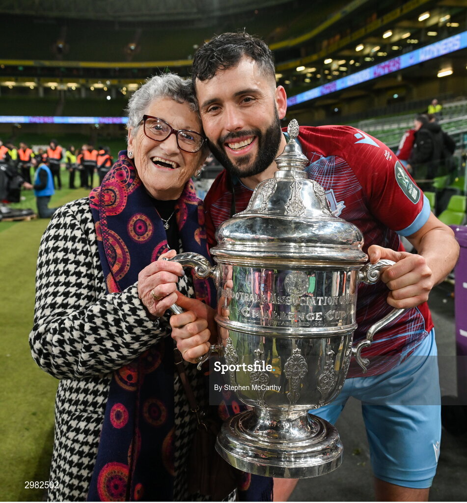 10 November 2024; Dave Webster of Drogheda United and his grandmother Rita celebrates with the cup after during the Sports Direct Men's FAI Cup Final match between Drogheda United and Derry City at the Aviva Stadium in Dublin. Photo by Stephen McCarthy/Sportsfile