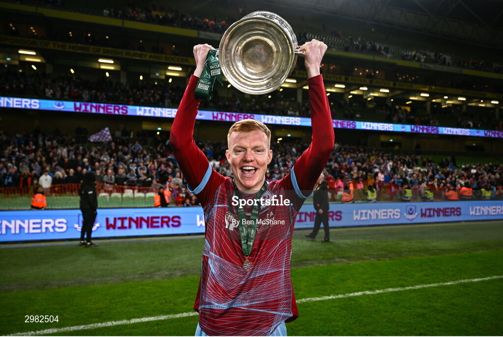 10 November 2024; Shane Farrell of Drogheda United celebrates with the cup after the Sports Direct Men's FAI Cup Final match between Drogheda United and Derry City at the Aviva Stadium in Dublin. Photo by Ben McShane/Sportsfile