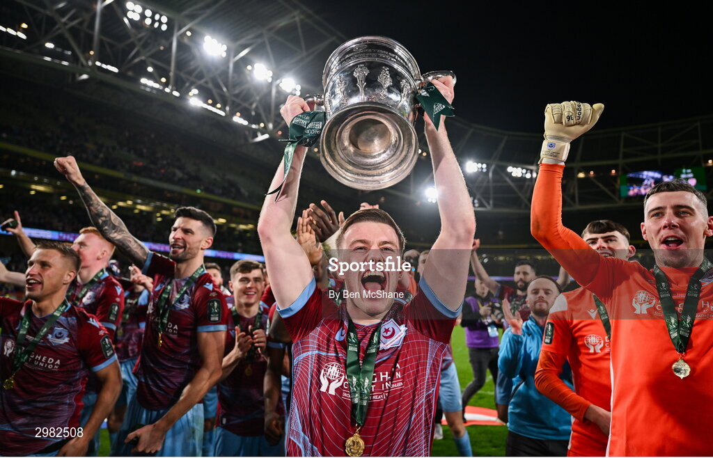 10 November 2024; Warren Davis of Drogheda United celebrates with the cup after the Sports Direct Men's FAI Cup Final match between Drogheda United and Derry City at the Aviva Stadium in Dublin. Photo by Ben McShane/Sportsfile