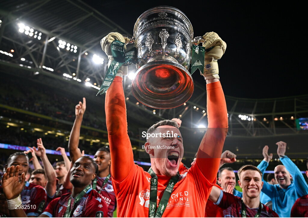10 November 2024; Drogheda United goalkeeper Luke Dennison celebrates with the cup after the Sports Direct Men's FAI Cup Final match between Drogheda United and Derry City at the Aviva Stadium in Dublin. Photo by Ben McShane/Sportsfile