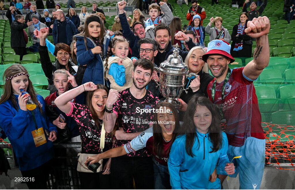 10 November 2024; Adam Foley of Drogheda United and family celebrate with the cup after the Sports Direct Men's FAI Cup Final match between Drogheda United and Derry City at the Aviva Stadium in Dublin. Photo by Stephen McCarthy/Sportsfile