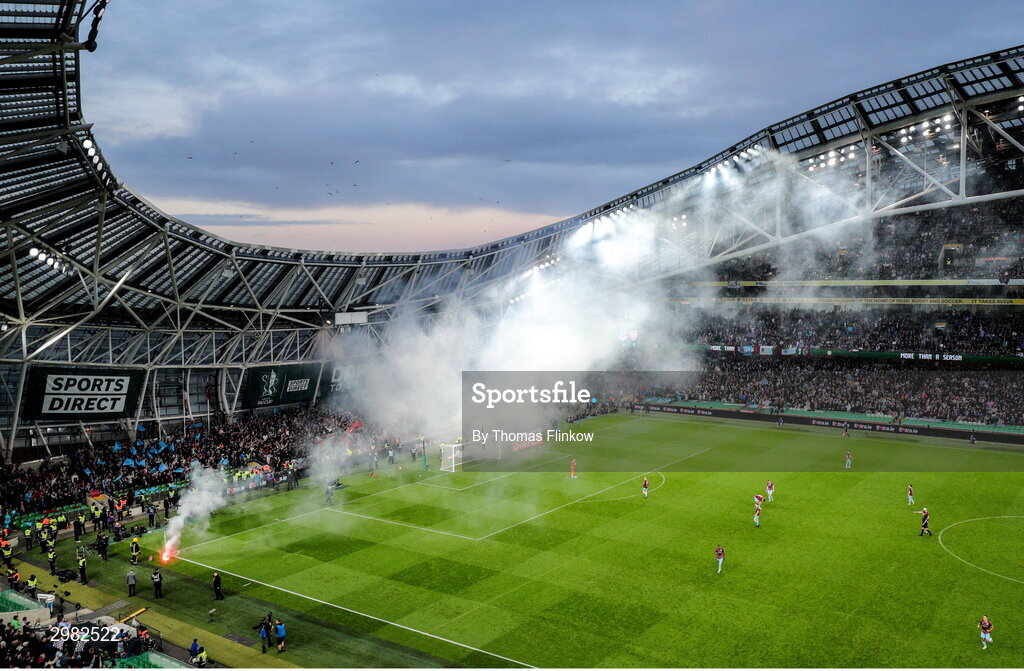 10 November 2024; Drogheda supporters celebrate after their side's second goal during the Sports Direct Men's FAI Cup Final match between Drogheda United and Derry City at the Aviva Stadium in Dublin. Photo by Thomas Flinkow/Sportsfile