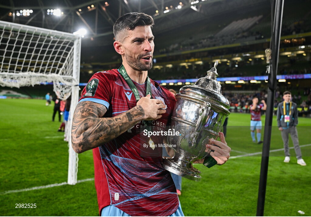 10 November 2024; Adam Foley of Drogheda United celebrates with the cup after the Sports Direct Men's FAI Cup Final match between Drogheda United and Derry City at the Aviva Stadium in Dublin. Photo by Ben McShane/Sportsfile