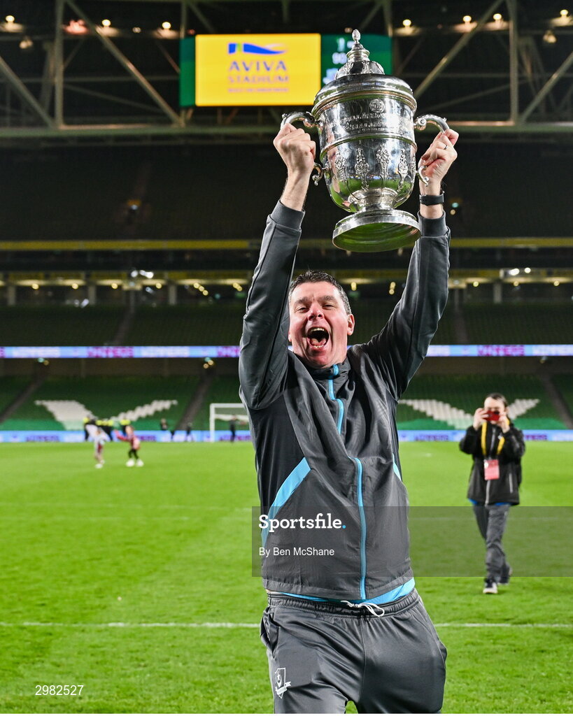 10 November 2024; Drogheda United manager Kevin Doherty celebrates with the cup after the Sports Direct Men's FAI Cup Final match between Drogheda United and Derry City at the Aviva Stadium in Dublin. Photo by Ben McShane/Sportsfile