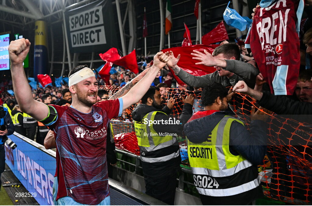 10 November 2024; Ryan Brennan of Drogheda United celebrates with supporters after the Sports Direct Men's FAI Cup Final match between Drogheda United and Derry City at the Aviva Stadium in Dublin. Photo by Ben McShane/Sportsfile