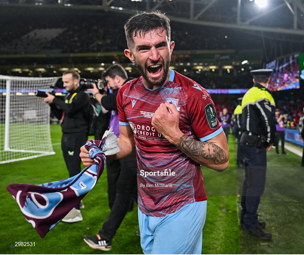 10 November 2024; Luke Heeney of Drogheda United celebrates after the Sports Direct Men's FAI Cup Final match between Drogheda United and Derry City at the Aviva Stadium in Dublin. Photo by Ben McShane/Sportsfile