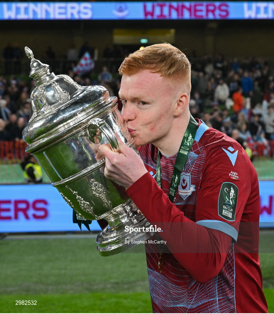 10 November 2024; Shane Farrell of Drogheda United celebrates with the cup after the Sports Direct Men's FAI Cup Final match between Drogheda United and Derry City at the Aviva Stadium in Dublin. Photo by Stephen McCarthy/Sportsfile