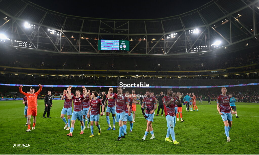 10 November 2024; Drogheda United players celebrate after the Sports Direct Men's FAI Cup Final match between Drogheda United and Derry City at the Aviva Stadium in Dublin. Photo by Ben McShane/Sportsfile