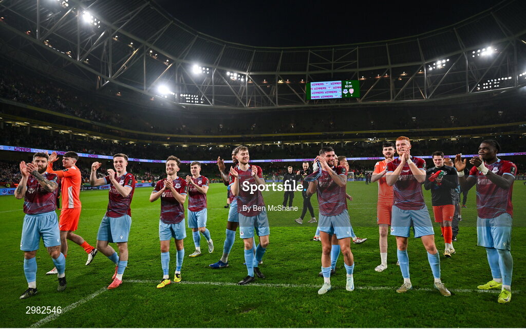 10 November 2024; Drogheda United players celebrate after the Sports Direct Men's FAI Cup Final match between Drogheda United and Derry City at the Aviva Stadium in Dublin. Photo by Ben McShane/Sportsfile