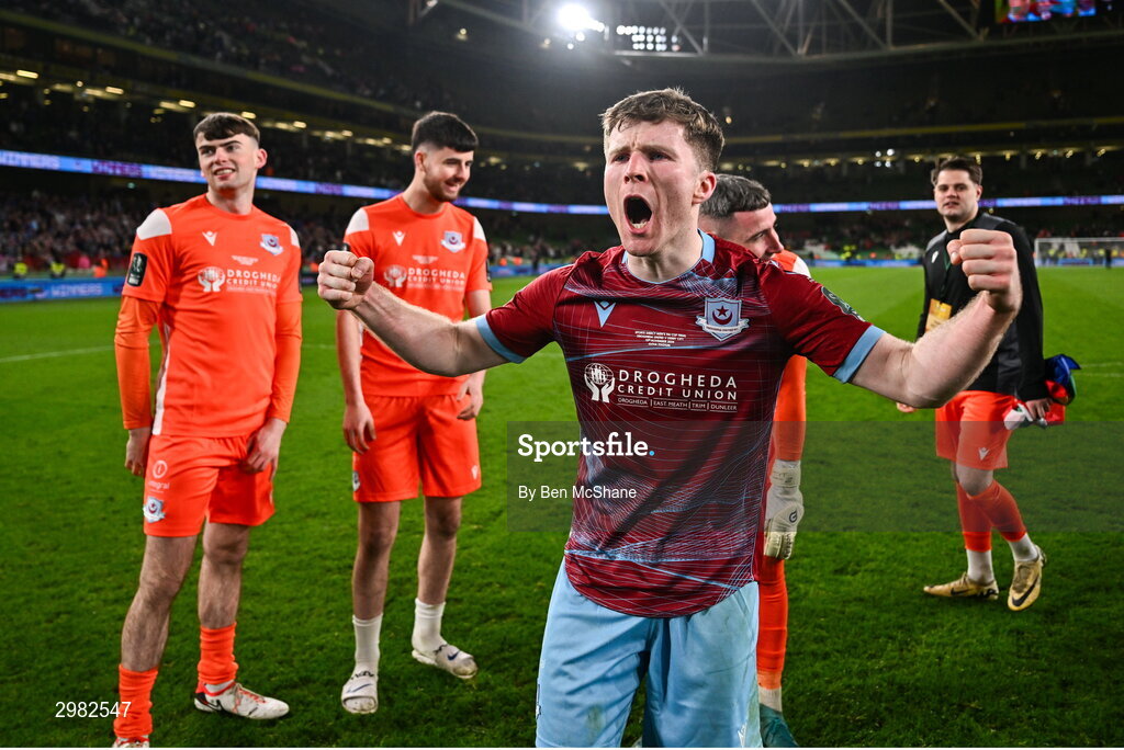 10 November 2024; Conor Kane of Drogheda United celebrates after the Sports Direct Men's FAI Cup Final match between Drogheda United and Derry City at the Aviva Stadium in Dublin. Photo by Ben McShane/Sportsfile