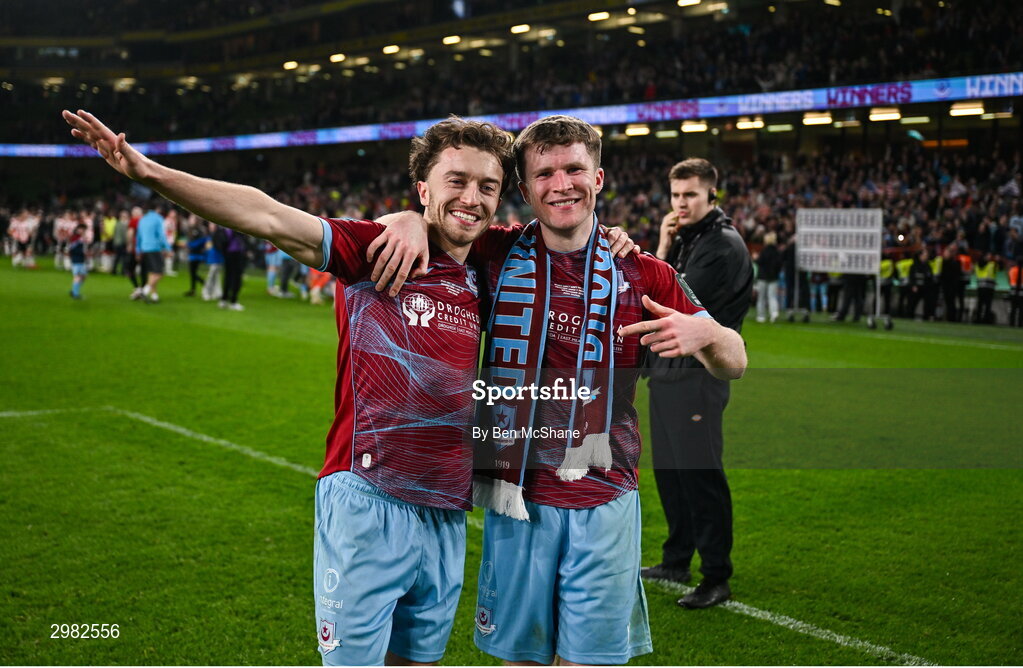10 November 2024; Drogheda United players Darragh Markey, left, and Conor Kane celebrate after the Sports Direct Men's FAI Cup Final match between Drogheda United and Derry City at the Aviva Stadium in Dublin. Photo by Ben McShane/Sportsfile