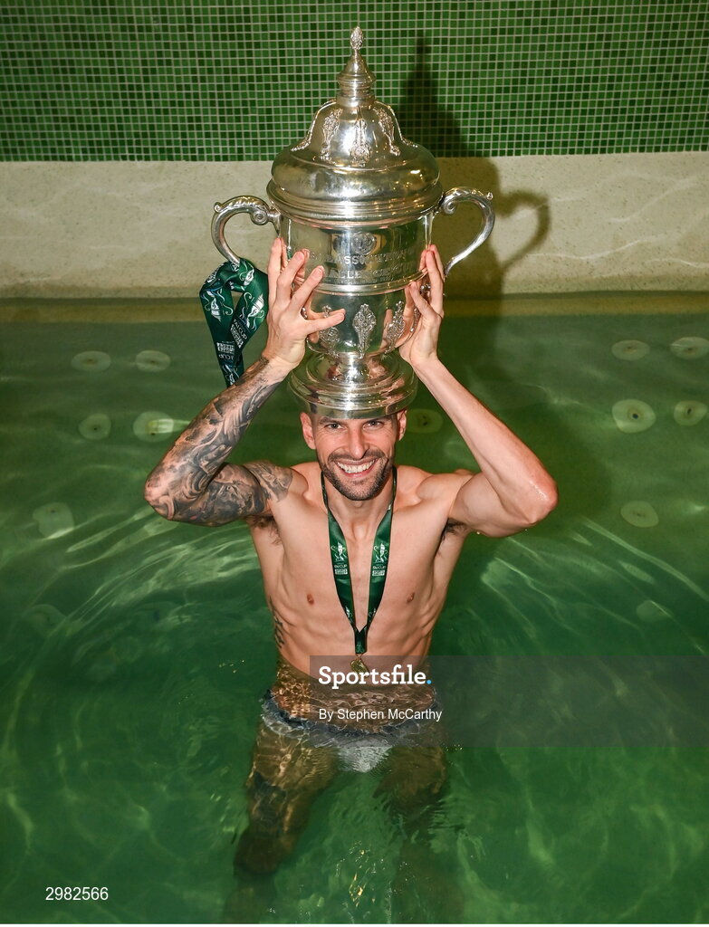 10 November 2024; Adam Foley of Drogheda United celebrates with the FAI cup in the dressingroom after the Sports Direct Men's FAI Cup Final match between Drogheda United and Derry City at the Aviva Stadium in Dublin. Photo by Stephen McCarthy/Sportsfile