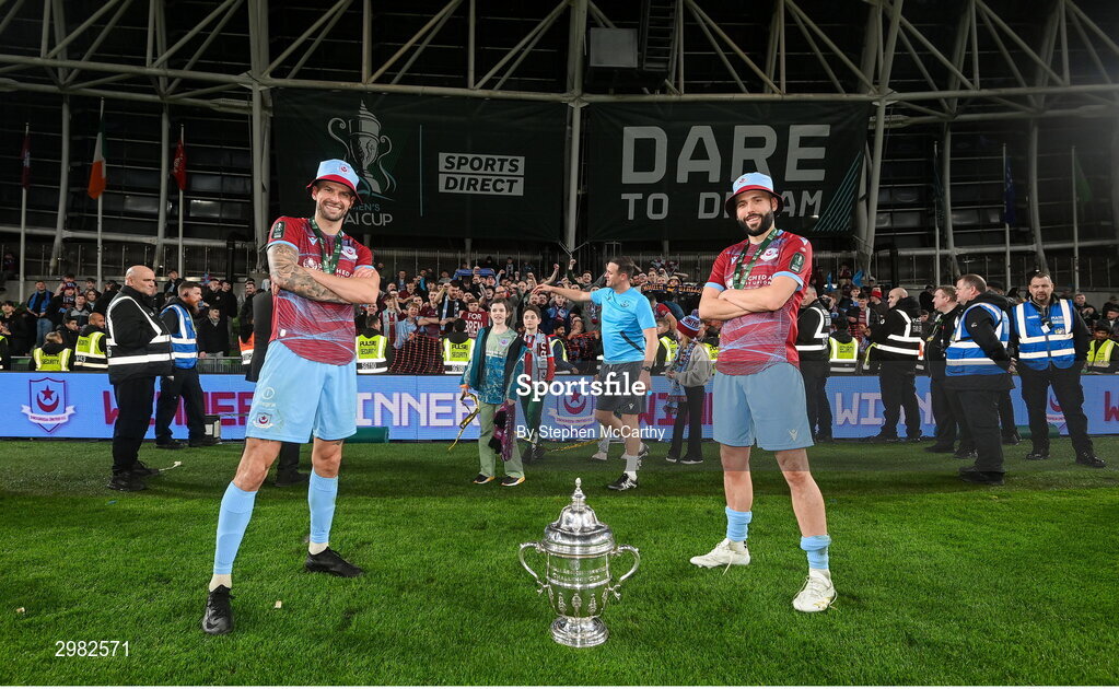 10 November 2024; Drogheda United players Adam Foley, left, and Dave Webster celebrate with the FAI cup after the Sports Direct Men's FAI Cup Final match between Drogheda United and Derry City at the Aviva Stadium in Dublin. Photo by Stephen McCarthy/Sportsfile