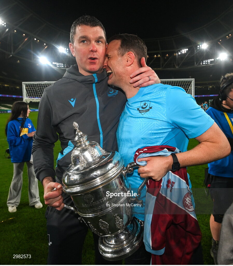 10 November 2024; Drogheda United manager Kevin Doherty, left, and assistant manager Daire Doyle celebrate with the FAI cup after the Sports Direct Men's FAI Cup Final match between Drogheda United and Derry City at the Aviva Stadium in Dublin. Photo by Stephen McCarthy/Sportsfile