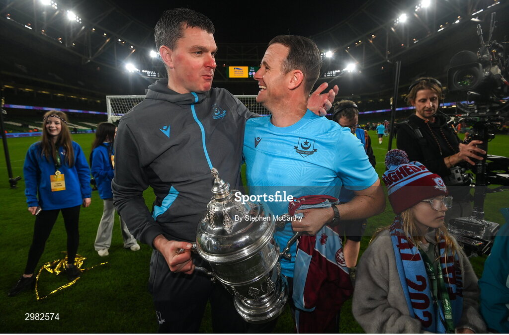 10 November 2024; Drogheda United manager Kevin Doherty, left, and assistant manager Daire Doyle celebrate with the FAI cup after the Sports Direct Men's FAI Cup Final match between Drogheda United and Derry City at the Aviva Stadium in Dublin. Photo by Stephen McCarthy/Sportsfile