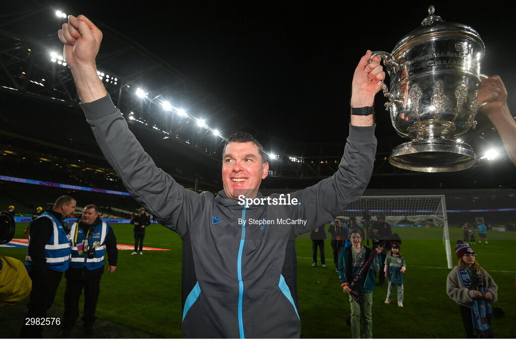 10 November 2024; Drogheda United manager Kevin Doherty celebrates with the FAI cup after the Sports Direct Men's FAI Cup Final match between Drogheda United and Derry City at the Aviva Stadium in Dublin. Photo by Stephen McCarthy/Sportsfile
