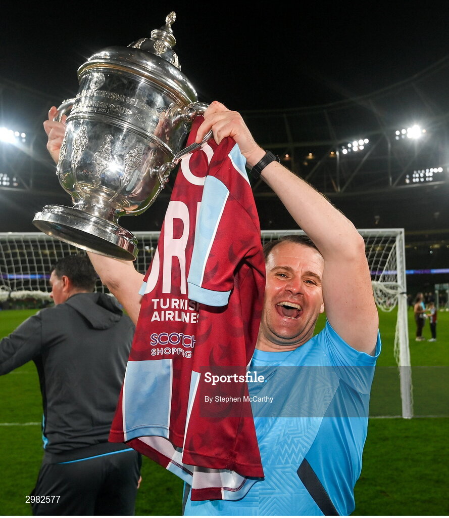 10 November 2024; Drogheda United assistant manager Daire Doyle celebrates with the FAI cup after the Sports Direct Men's FAI Cup Final match between Drogheda United and Derry City at the Aviva Stadium in Dublin. Photo by Stephen McCarthy/Sportsfile