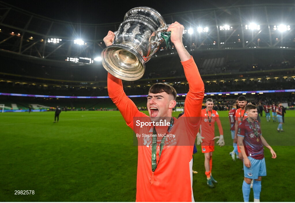 10 November 2024; Drogheda United goalkeeper Andrew Wogan celebrates with the FAI cup after the Sports Direct Men's FAI Cup Final match between Drogheda United and Derry City at the Aviva Stadium in Dublin. Photo by Stephen McCarthy/Sportsfile