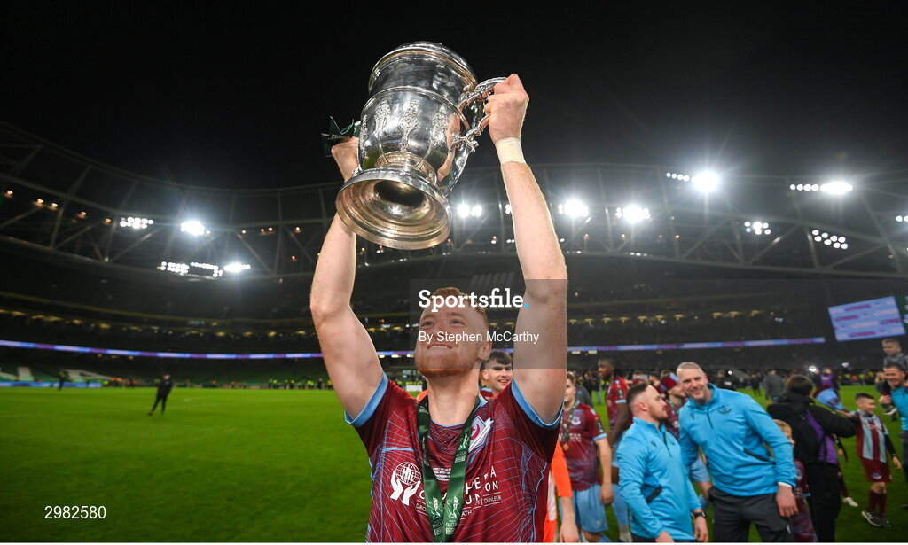 10 November 2024; James Bolger of Drogheda United celebrates with the FAI cup after the Sports Direct Men's FAI Cup Final match between Drogheda United and Derry City at the Aviva Stadium in Dublin. Photo by Stephen McCarthy/Sportsfile