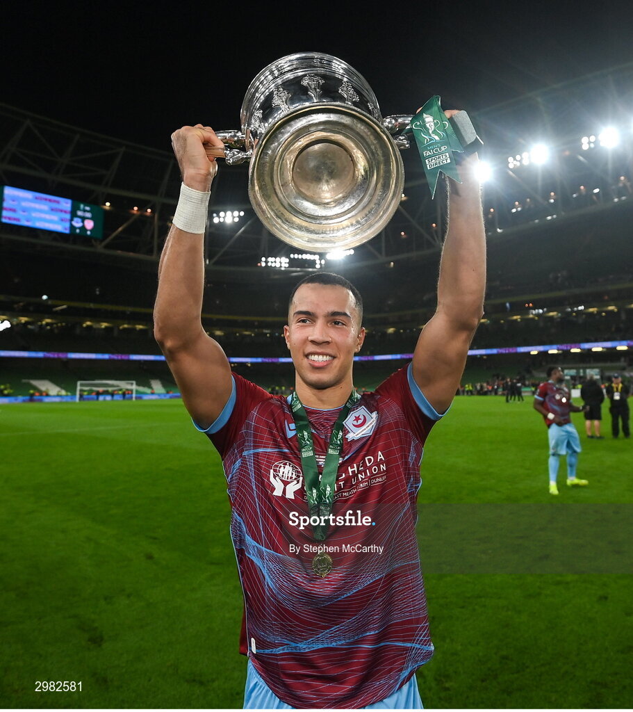 10 November 2024; Douglas James-Taylor of Drogheda United celebrates with the FAI cup after the Sports Direct Men's FAI Cup Final match between Drogheda United and Derry City at the Aviva Stadium in Dublin. Photo by Stephen McCarthy/Sportsfile