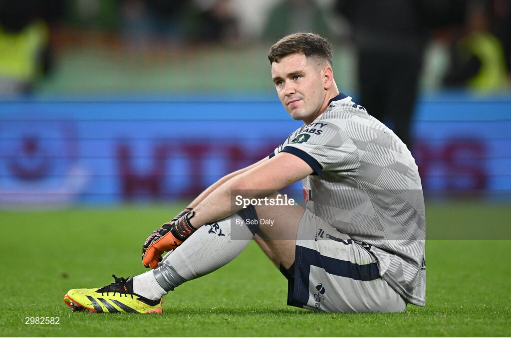 10 November 2024; A dejected Derry City goalkeeper Brian Maher after the Sports Direct Men's FAI Cup Final match between Drogheda United and Derry City at the Aviva Stadium in Dublin. Photo by Seb Daly/Sportsfile